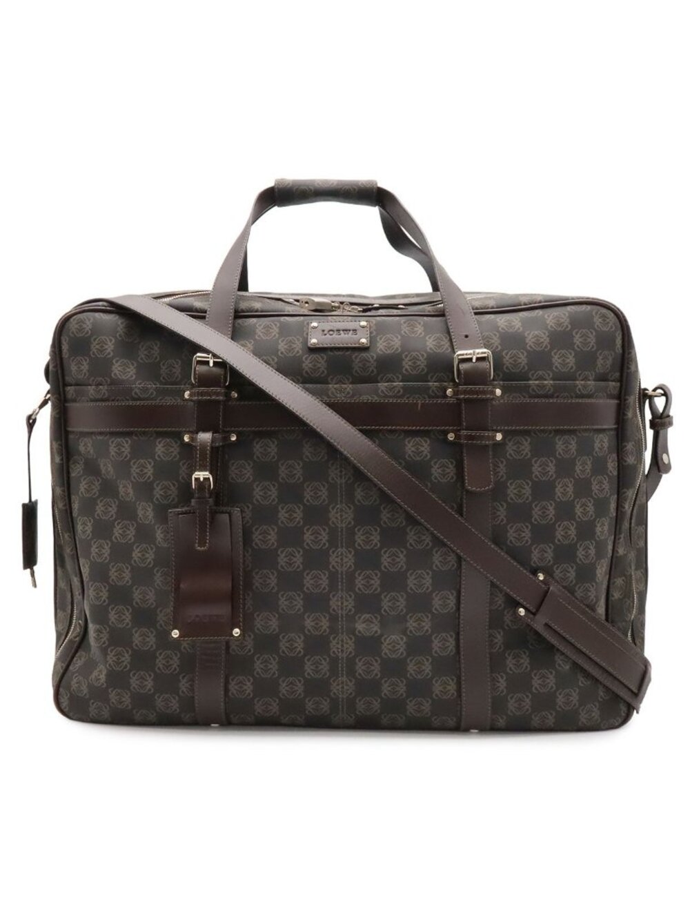 Loewe Repeat Anagram Boston Bag Purse 2-Way Leather Black Brown Silver